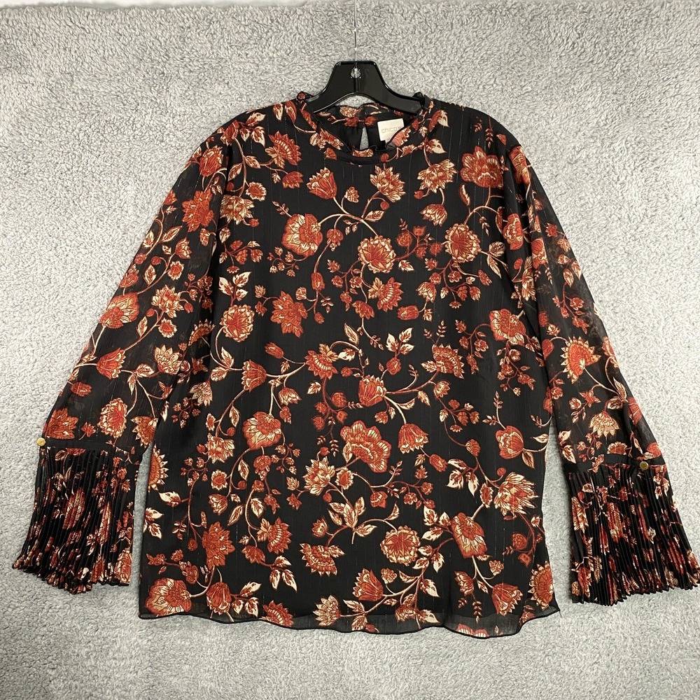 Chico's Floral Ruffle Neck‎ Top XL 3 Autumn Pleated Sleeves Lined Artsy Career